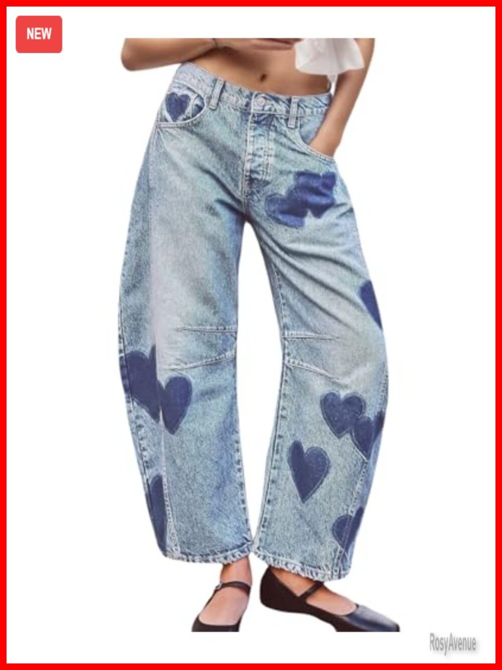 LifeShe Women's Low Rise Wide Leg Baggy Boyfriend Jeans Heart Barrel Denim Pants